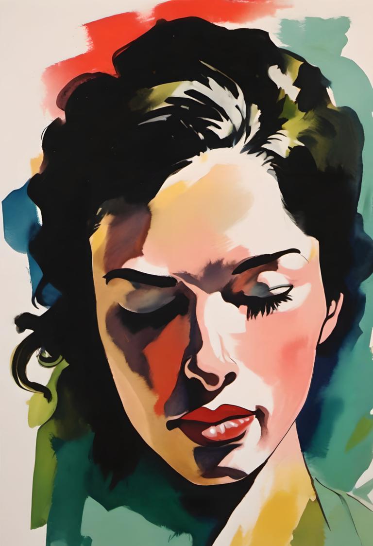 Gouache,Gouache, People, woman, solo, 1girl, black hair, red lips, portrait, lipstick, makeup