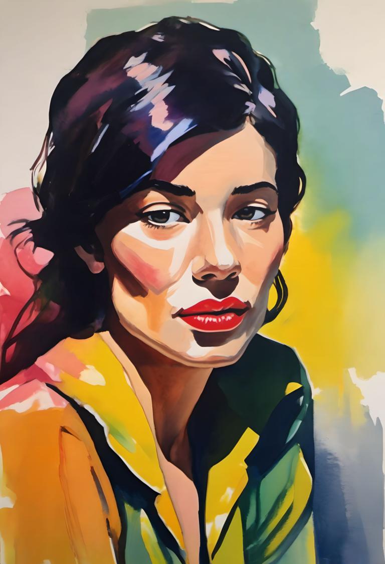 Gouache,Gouache, People, woman, solo, black hair, makeup, lipstick, facepaint, black eyes, red lips, 1girl