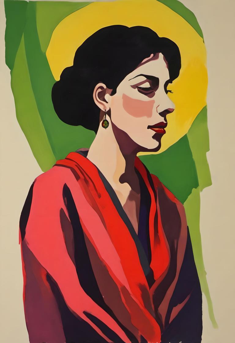 Gouache,Gouache, People, woman, solo, 1girl, jewelry, earrings, black hair, red lips, lipstick, upper body