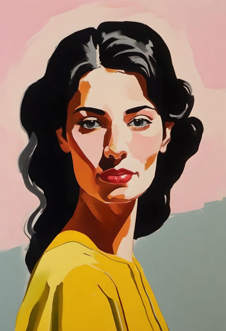 Gouache,Gouache, People, woman, 1girl, solo, black hair, yellow shirt, long hair, shirt, looking at viewer