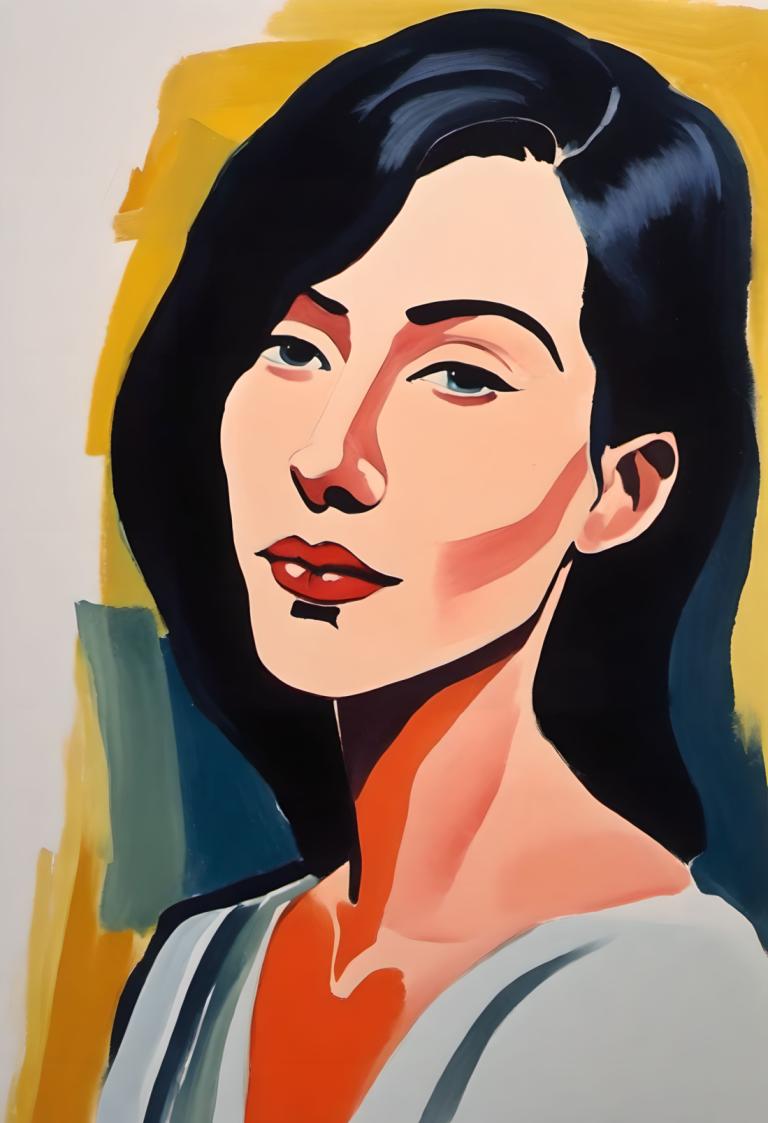 Gouache,Gouache, People, woman, solo, 1girl, black hair, long hair, looking at viewer, shirt, portrait