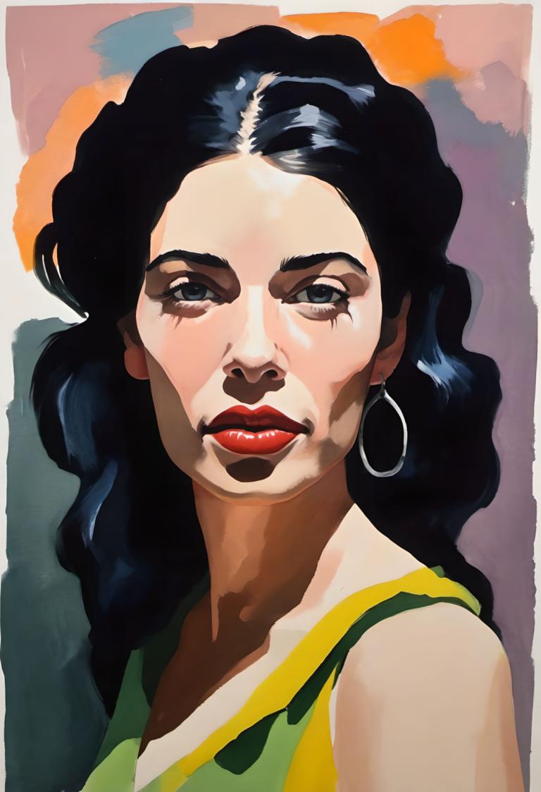 Gouache,Gouache, People, woman, 1girl, solo, earrings, black hair, jewelry, long hair, red lips