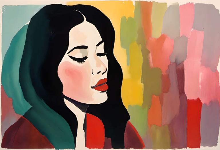 Gouache,Gouache, Gente, mujer, 1 chica, solo, pelo negro, Ojos cerrados, pelo largo, rubor, labios rojos