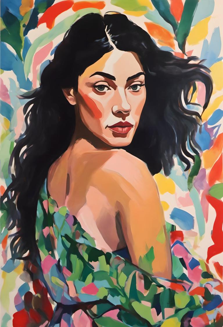 Gouache,Gouache, People, woman, solo, black hair, 1girl, long hair, looking back, looking at viewer