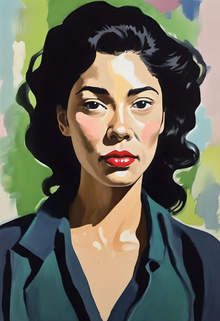 Gouache,Gouache, Gente, mujer, solo, pelo negro, 1 chica, ojos negros, labios rojos, camisa, lápiz labial