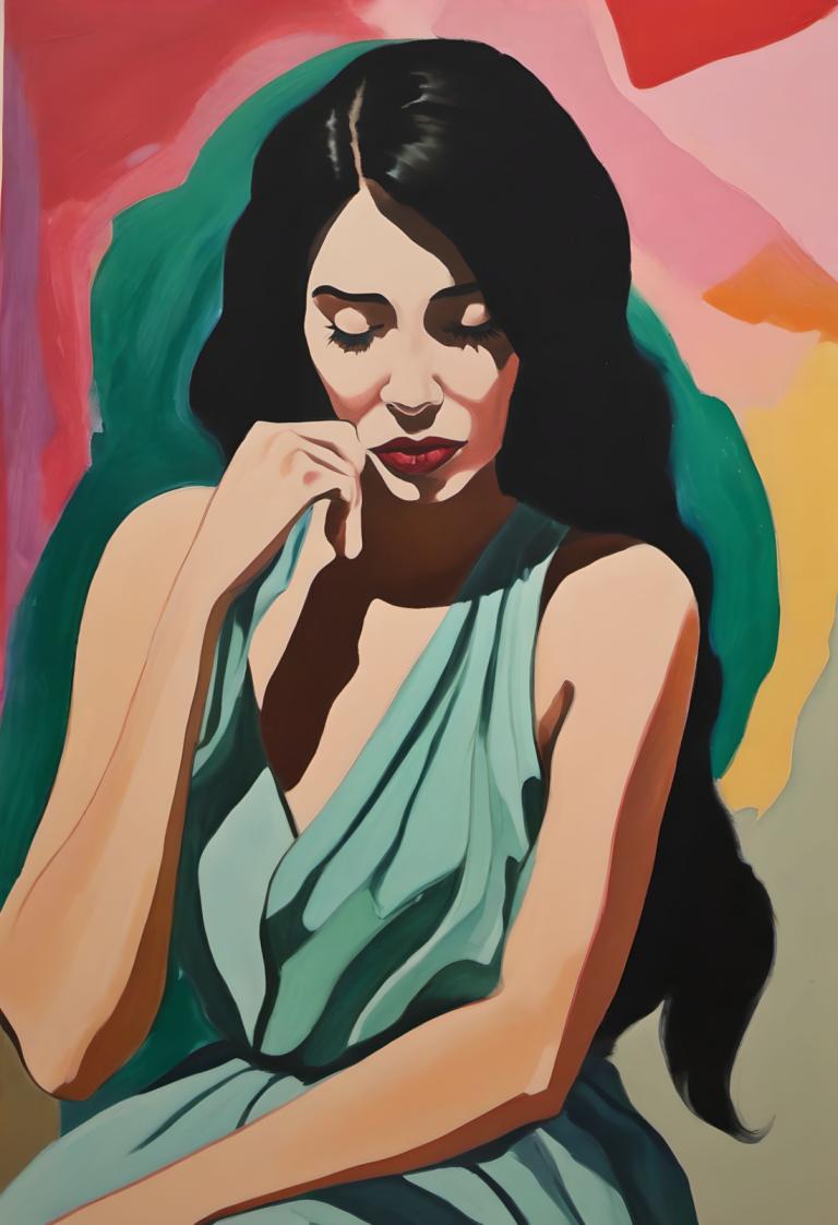 Gouache,Gouache, People, woman, 1girl, solo, black hair, long hair, closed eyes, dress, sitting, makeup