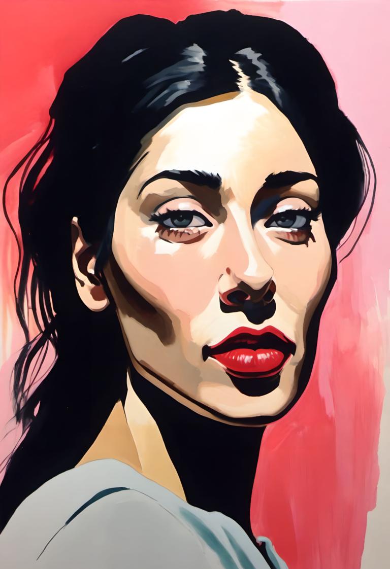 Gouache,Gouache, People, woman, solo, black hair, makeup, 1girl, looking at viewer, red lips, lipstick