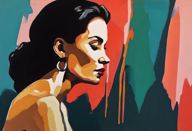 Gouache,Gouache, Gente, mujer, 1 chica, solo, joyas, pendientes, pelo negro, perfil, de un lado, pelo largo