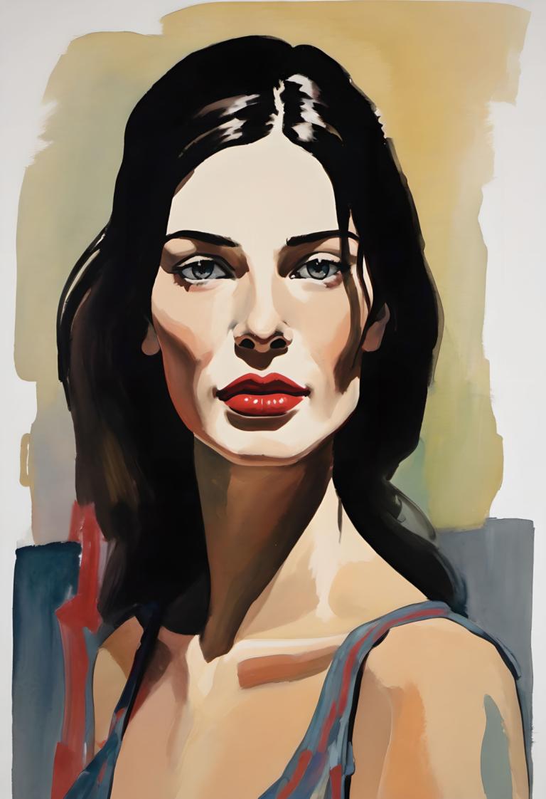 Gouache,Gouache, People, woman, 1girl, solo, black hair, long hair, red lips, looking at viewer, makeup