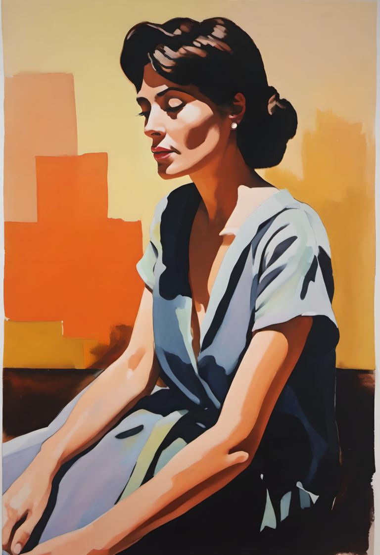 Gouache,Gouache, People, woman, 1girl, solo, earrings, jewelry, sitting, dress, closed eyes, hair bun