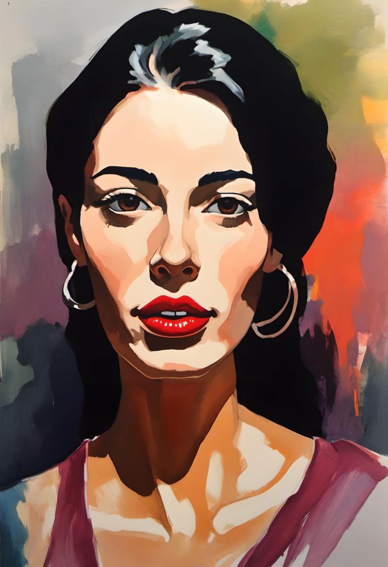 Gouache,Gouache, People, woman, solo, 1girl, jewelry, earrings, black hair, lipstick, makeup, hoop earrings