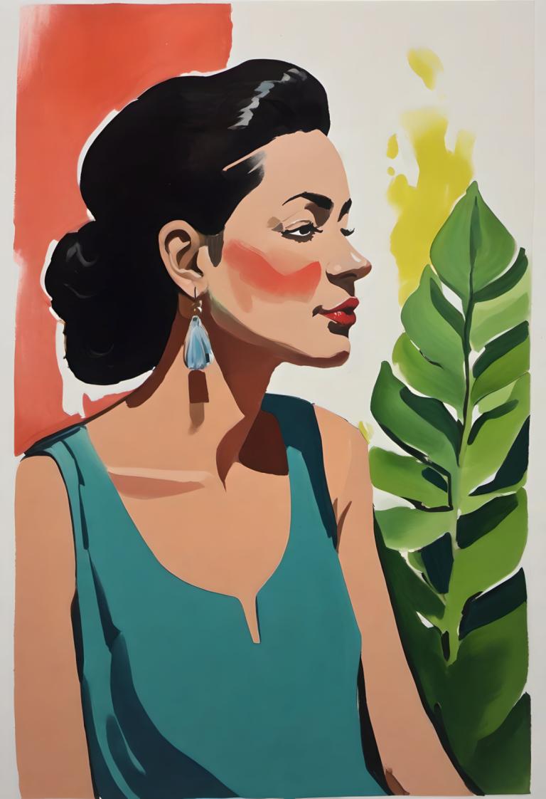 Gouache,Gouache, People, woman, 1girl, solo, jewelry, earrings, black hair, facepaint, plant, upper body