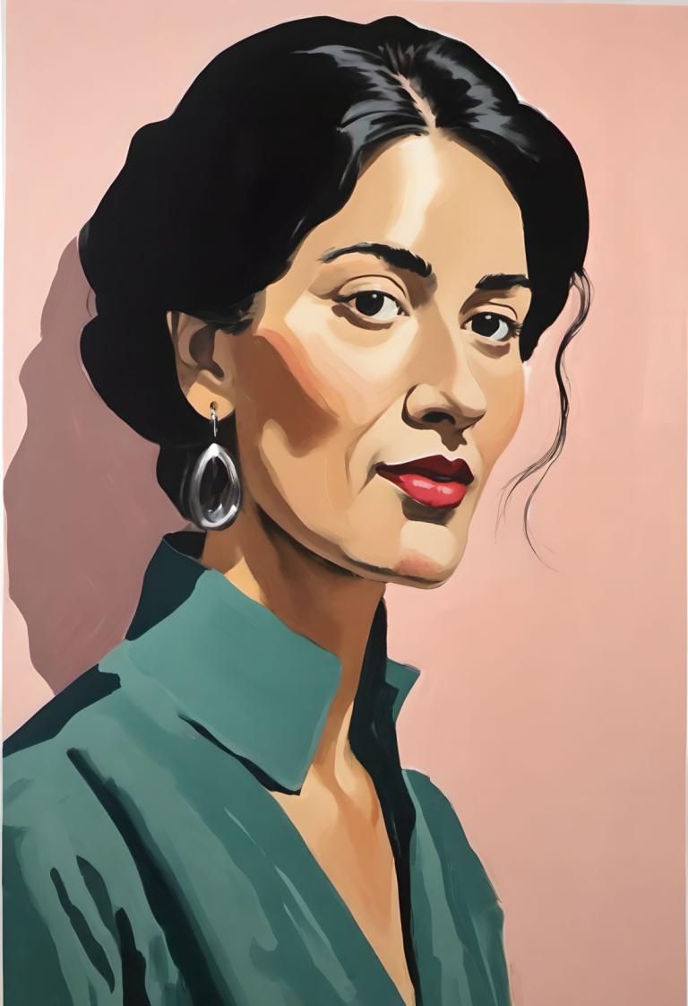 Gouache,Gouache, People, woman, solo, jewelry, earrings, 1girl, black hair, lipstick, shadow, makeup