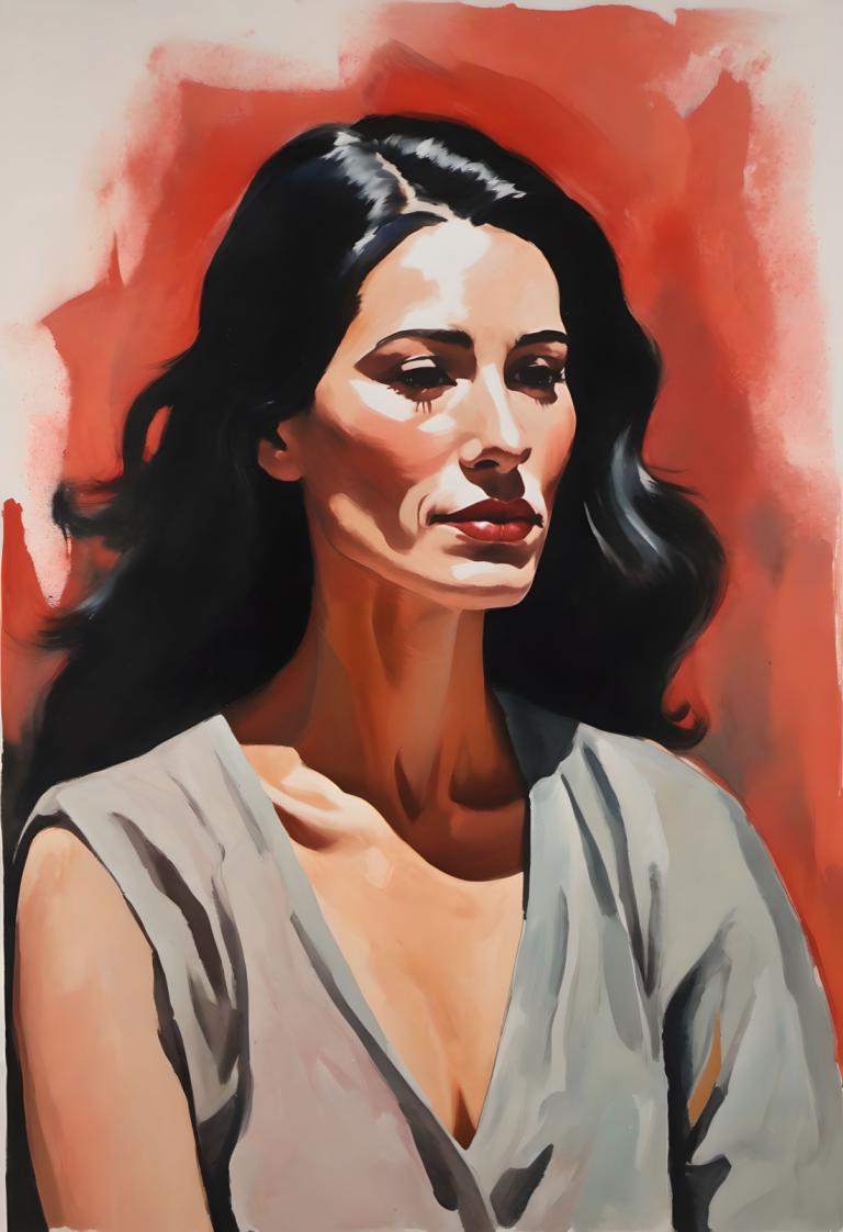 Gouache,Gouache, People, woman, 1girl, solo, black hair, long hair, upper body, shirt, black eyes