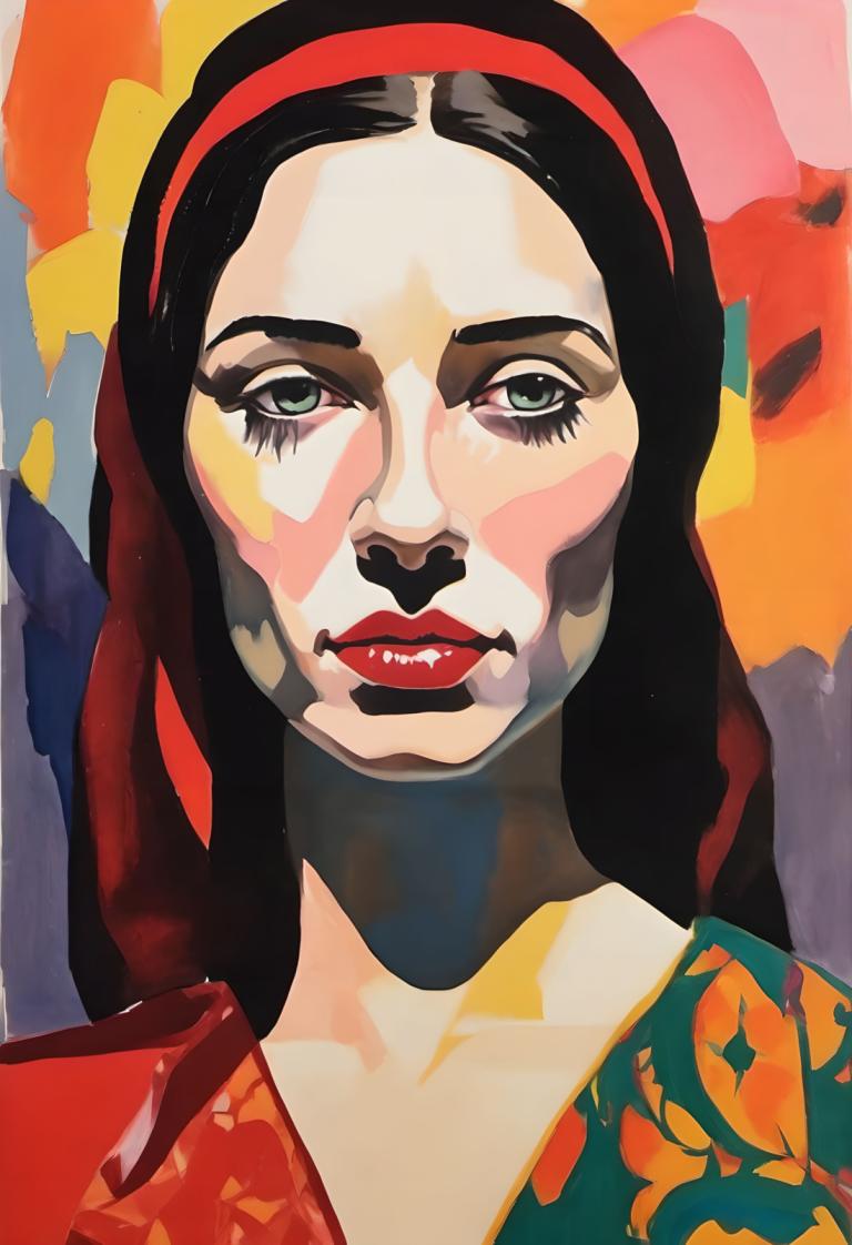 Gouache,Gouache, People, woman, 1girl, solo, red lips, black hair, hairband, makeup, clown, facepaint