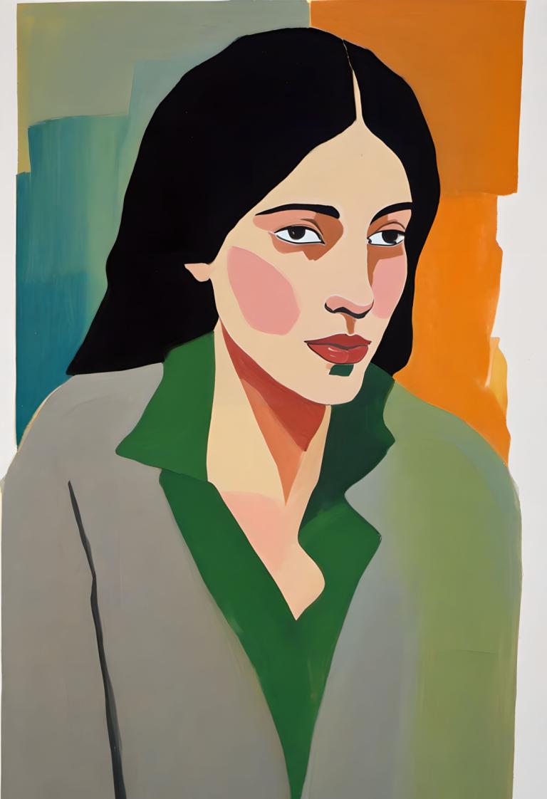 Gouache,Gouache, People, woman, solo, black hair, green shirt, shirt, 1girl, long hair, looking at viewer