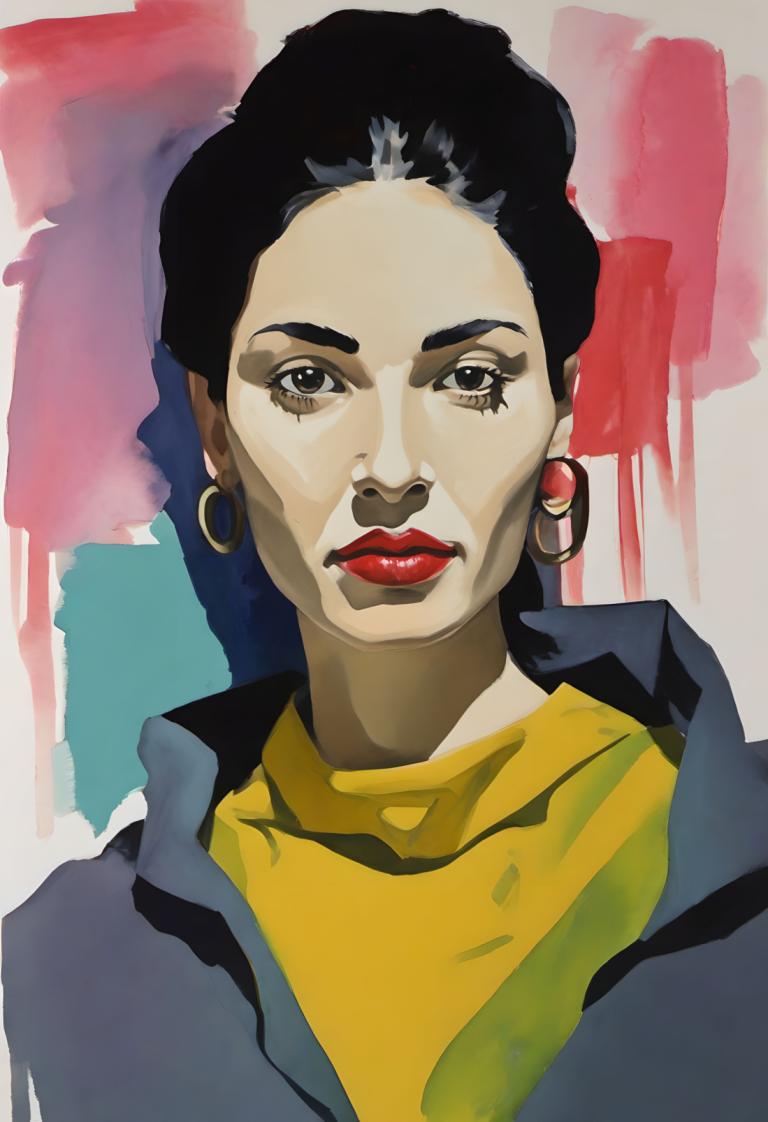 Gouache,Gouache, People, woman, solo, jewelry, earrings, 1girl, hoop earrings, black hair, red lips