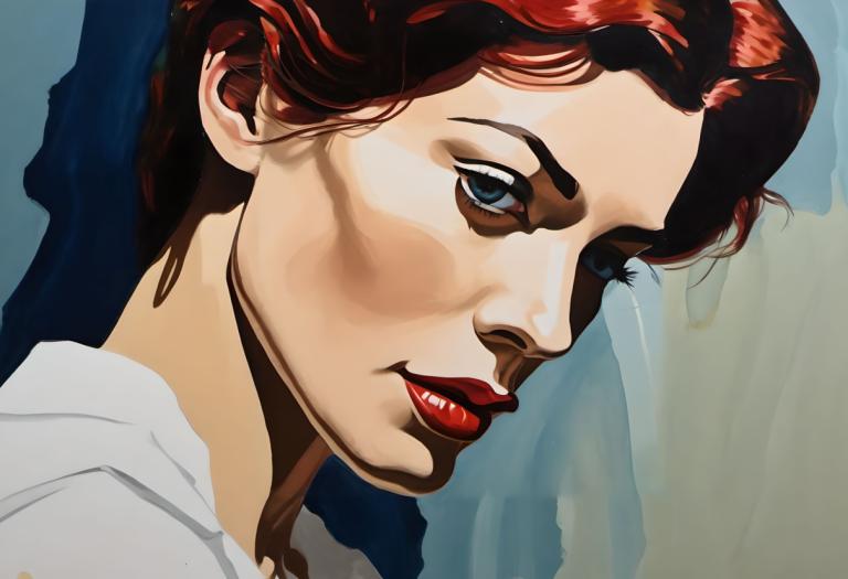 Gouache,Gouache, People, woman, solo, red hair, blue eyes, lipstick, red lips, makeup, male focus, 1boy