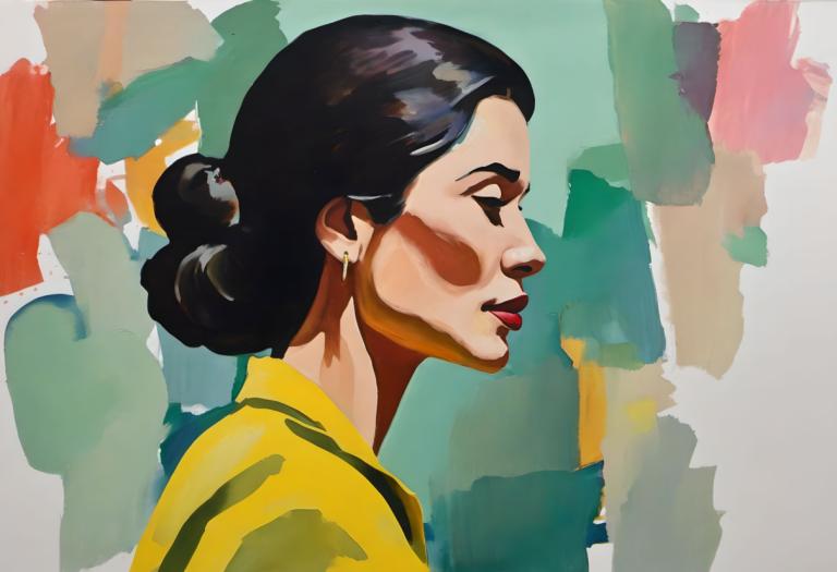 Gouache,Gouache, People, woman, 1girl, solo, earrings, jewelry, black hair, profile, hair bun, from side