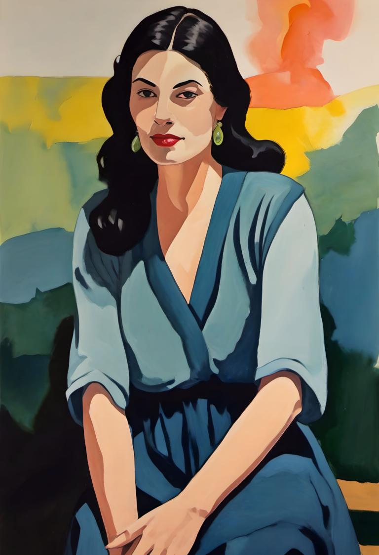 Gouache,Gouache, People, woman, 1girl, solo, black hair, jewelry, earrings, long hair, sitting, lipstick