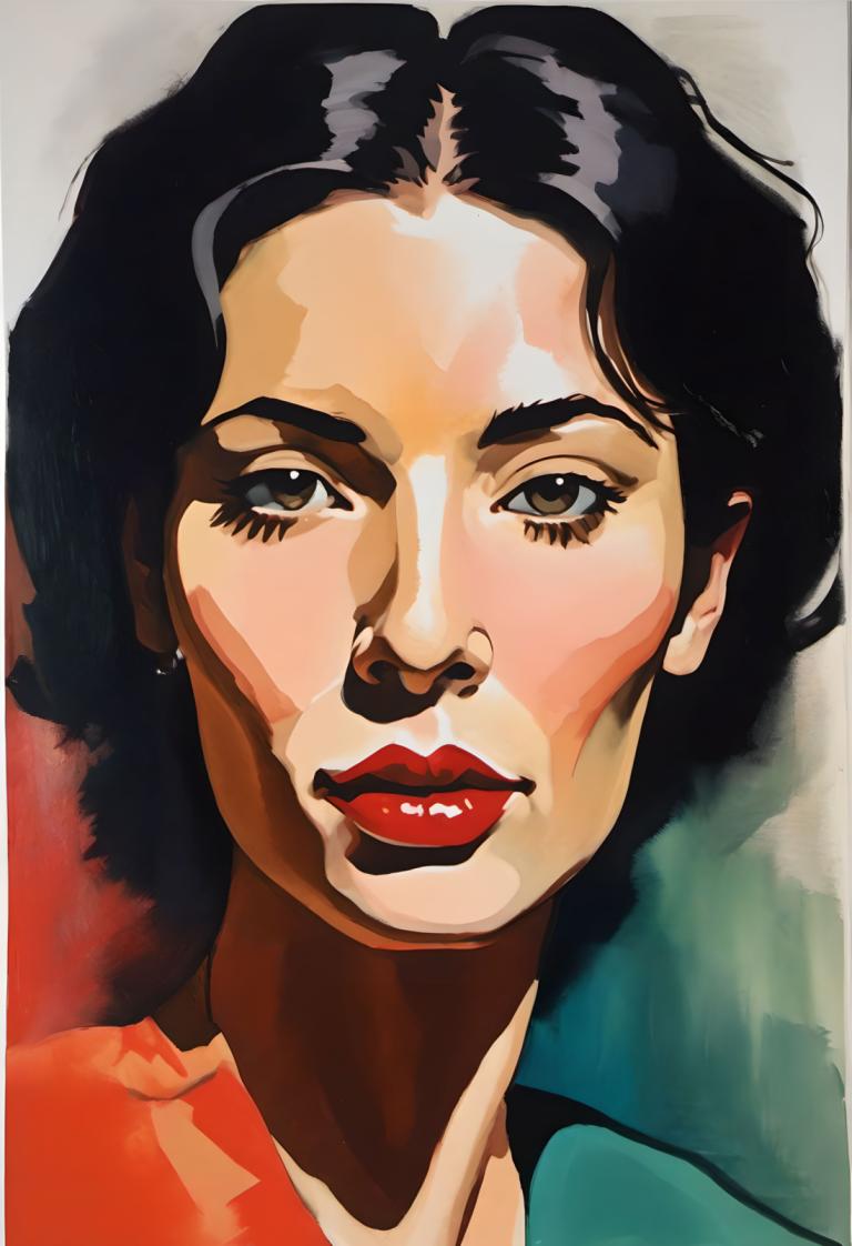 Gouache,Gouache, People, woman, solo, 1girl, black hair, portrait, looking at viewer, red lips, brown eyes