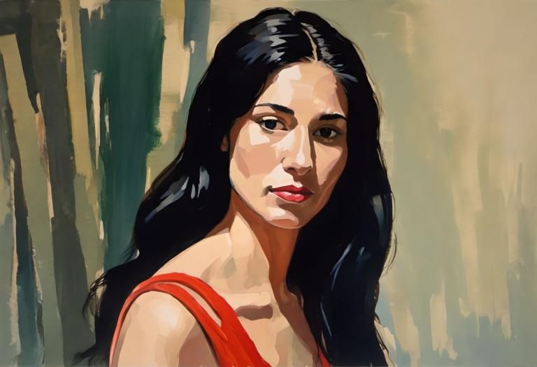 Gouache,Gouache, People, woman, 1girl, solo, black hair, long hair, looking at viewer, black eyes, red lips