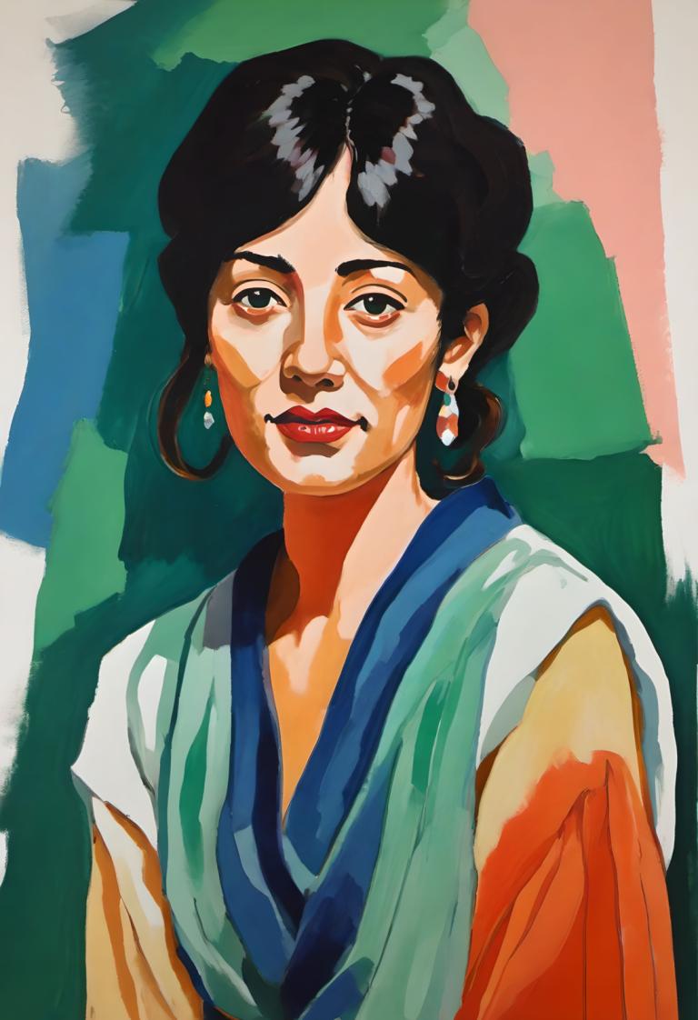 Gouache,Gouache, People, woman, solo, 1girl, jewelry, earrings, black hair, upper body, black eyes