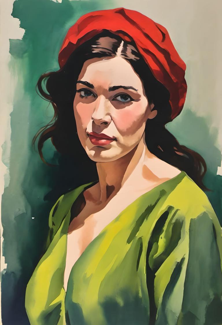 Gouache,Gouache, People, woman, 1girl, solo, hat, red headwear, black hair, looking at viewer, green shirt