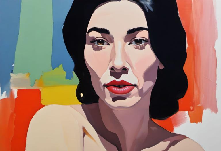 Gouache,Gouache, People, woman, solo, black hair, 1girl, looking at viewer, brown eyes, red lips, portrait