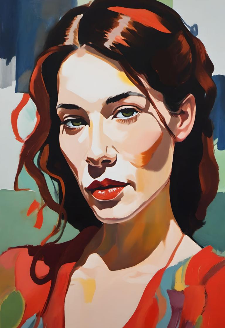 Gouache,Gouache, People, woman, solo, 1girl, red lips, brown hair, green eyes, looking at viewer, lipstick