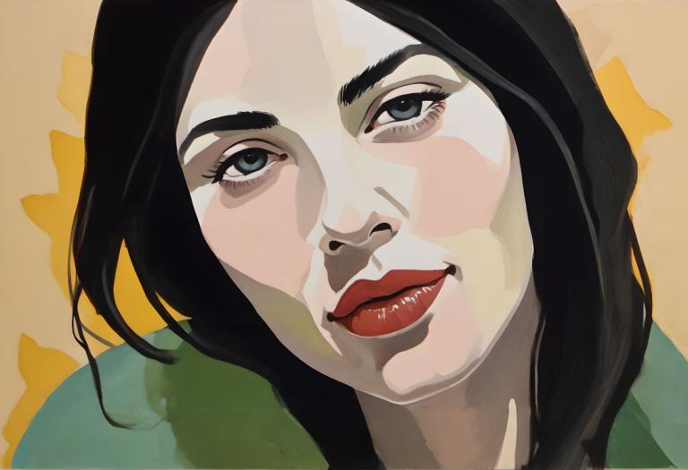 Gouache,Gouache, People, woman, solo, black hair, 1girl, portrait, looking at viewer, red lips, shadow