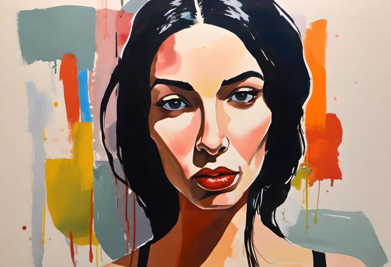 Gouache,Gouache, People, woman, solo, 1girl, black hair, red lips, looking at viewer, makeup, lipstick