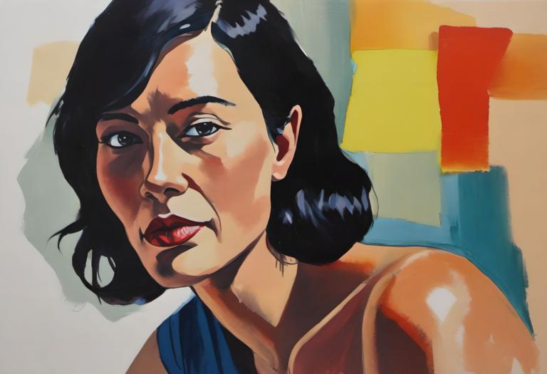 Gouache,Gouache, People, woman, solo, black hair, 1girl, looking at viewer, black eyes, portrait, lips