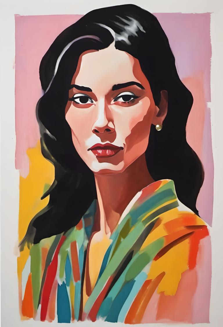 Gouache,Gouache, Gente, mujer, 1 chica, solo, pelo negro, pendientes, joyas, pelo largo, ojos negros