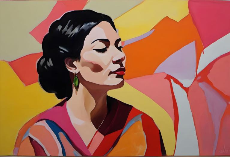 Gouache,Gouache, People, woman, 1girl, earrings, jewelry, black hair, closed eyes, red lips, solo, lipstick