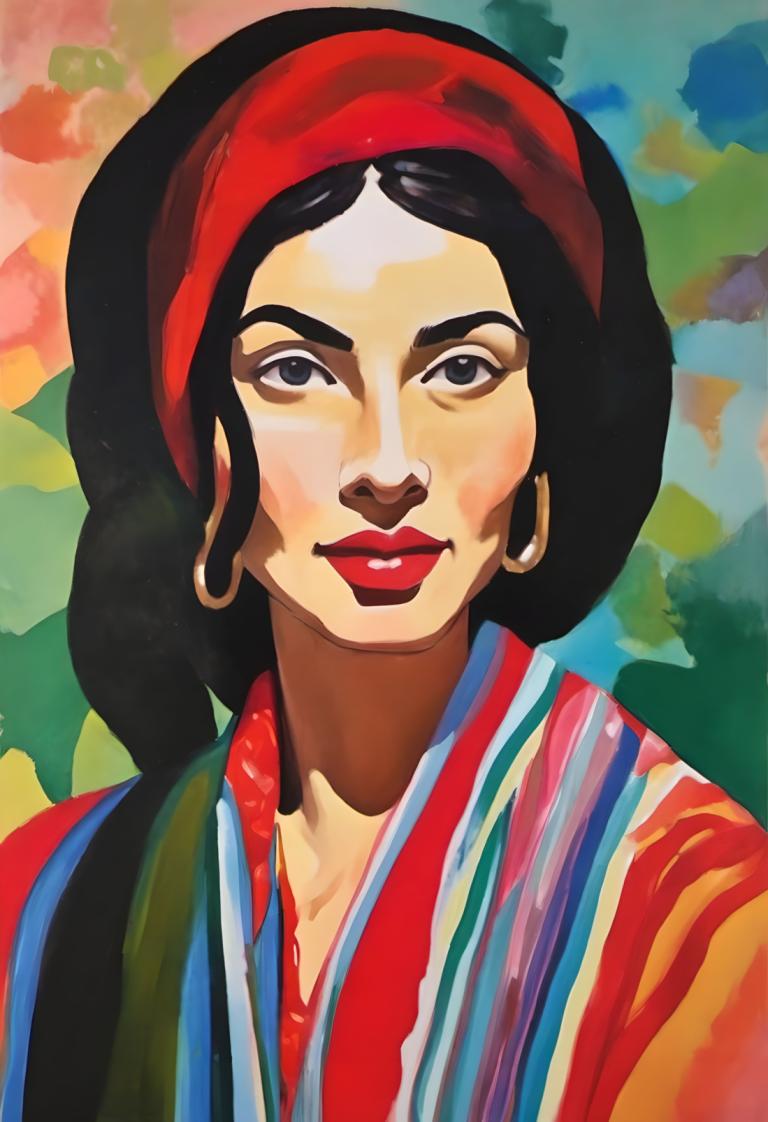 Gouache,Gouache, People, woman, solo, 1girl, jewelry, earrings, hoop earrings, black hair, red lips, lipstick