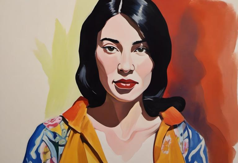 Gouache,Gouache, People, woman, 1girl, solo, black hair, red lips, black eyes, makeup, looking at viewer