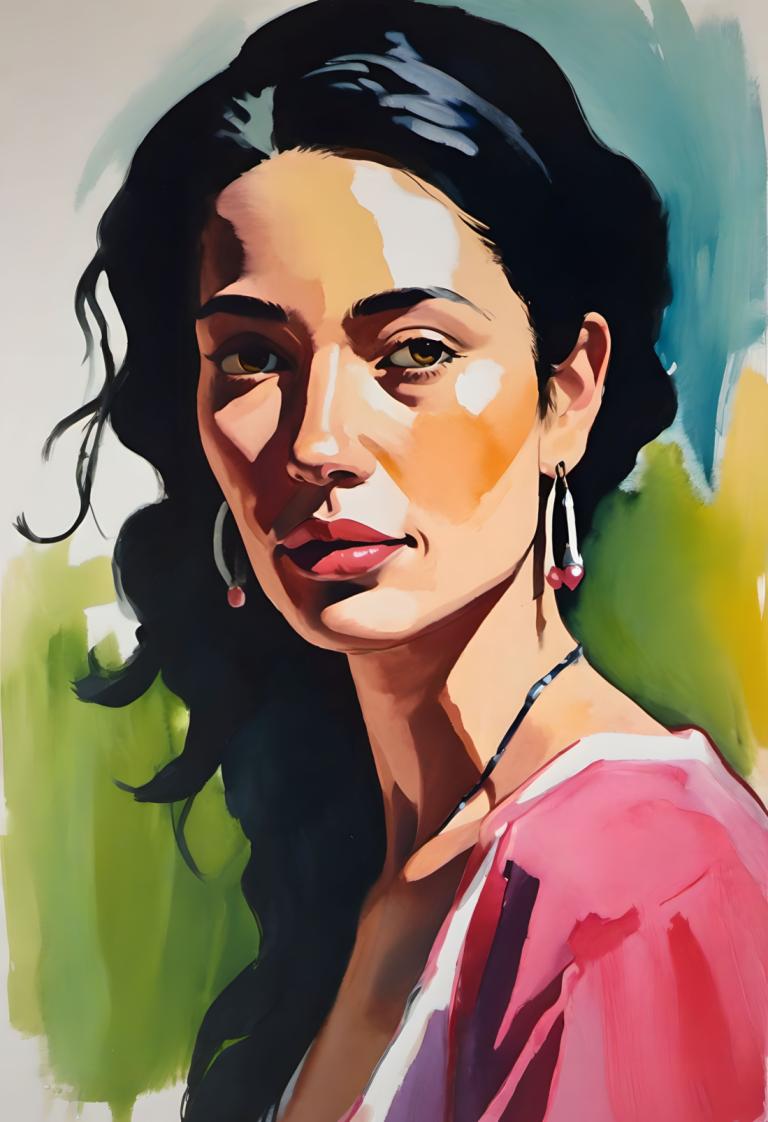 Gouache,Gouache, People, woman, solo, 1girl, jewelry, black hair, earrings, long hair, looking at viewer