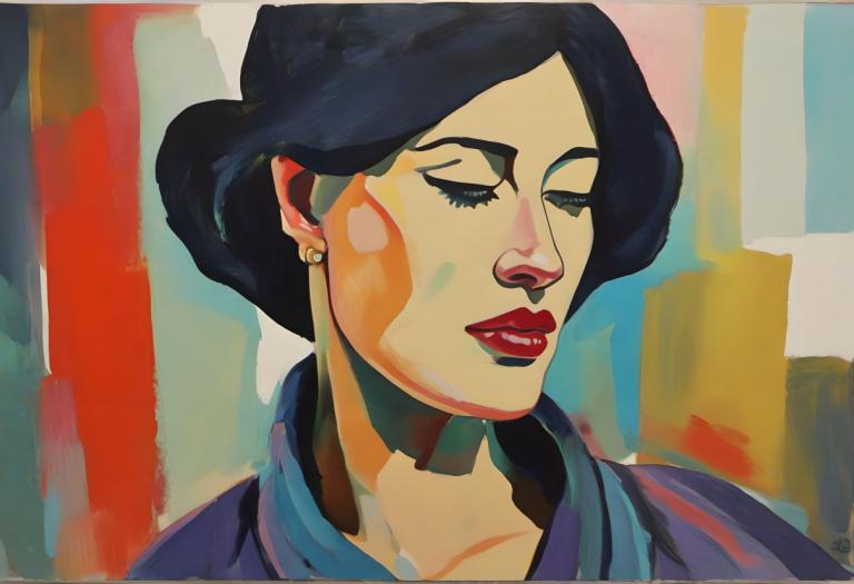 Gouache,Gouache, People, woman, 1girl, solo, earrings, jewelry, closed eyes, black hair, lipstick, makeup