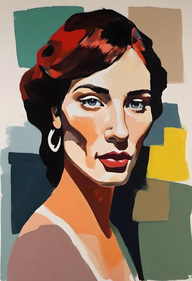 Gouache,Gouache, People, woman, 1girl, solo, earrings, jewelry, makeup, blue eyes, brown hair