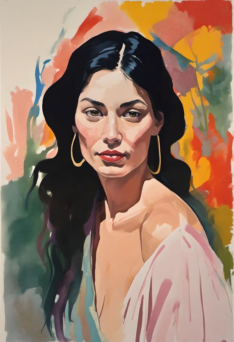 Gouache,Gouache, People, woman, solo, black hair, jewelry, 1girl, earrings, long hair, hoop earrings