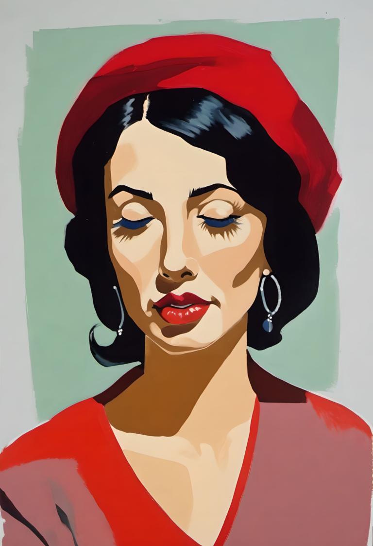 Gouache,Gouache, People, woman, 1girl, solo, jewelry, earrings, black hair, closed eyes, hat, red lips