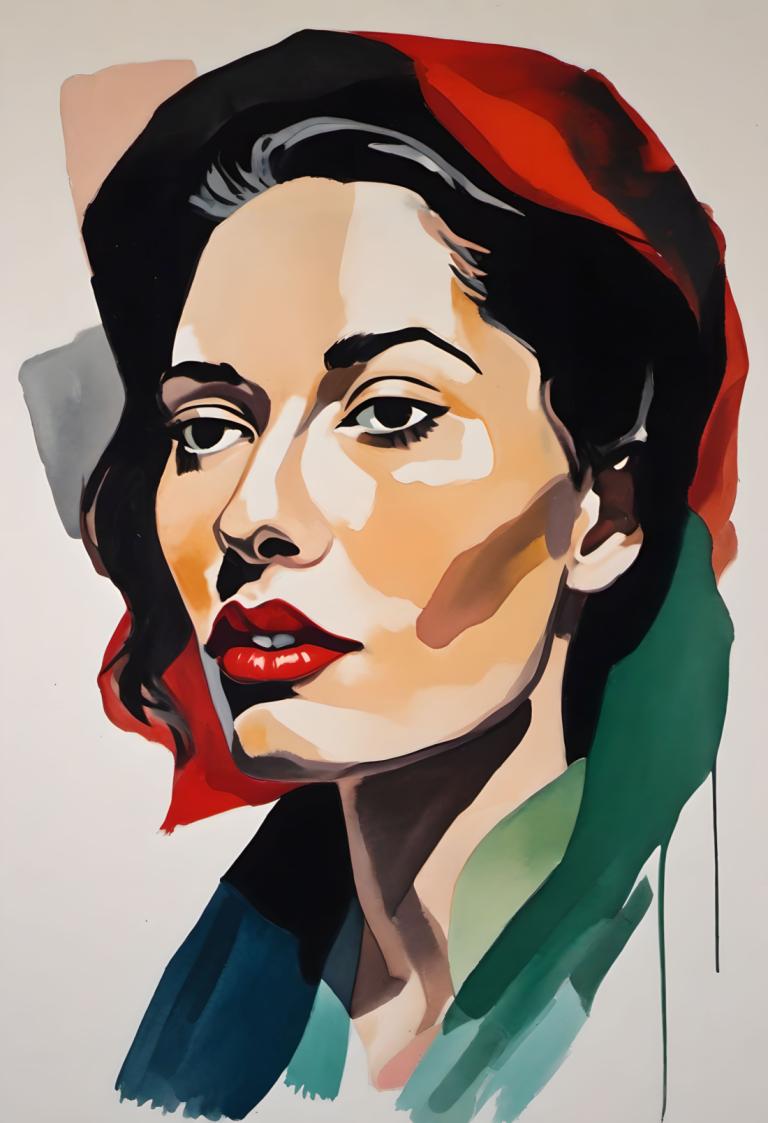 Gouache,Gouache, People, woman, solo, black hair, black eyes, portrait, red lips, makeup, parted lips