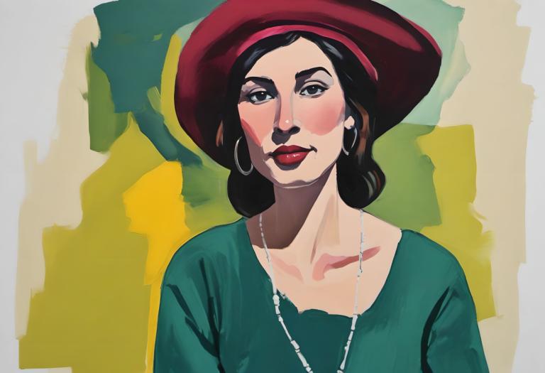 Gouache,Gouache, People, woman, 1girl, jewelry, solo, earrings, hat, necklace, black hair, hoop earrings