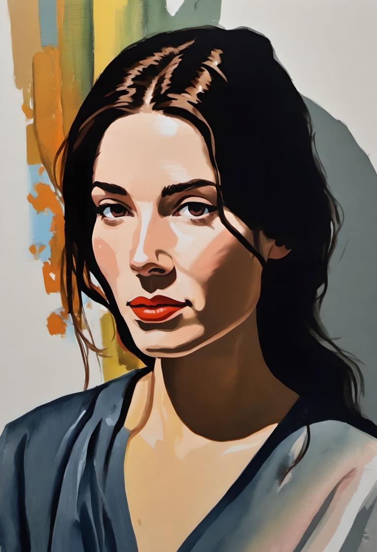 Gouache,Gouache, People, woman, solo, 1girl, black hair, brown eyes, long hair, red lips, looking at viewer