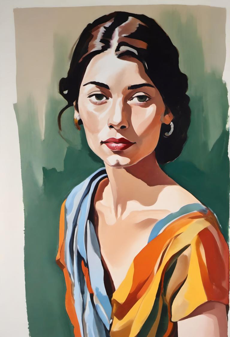 Gouache,Gouache, People, woman, 1girl, solo, jewelry, earrings, black hair, upper body, black eyes, shirt