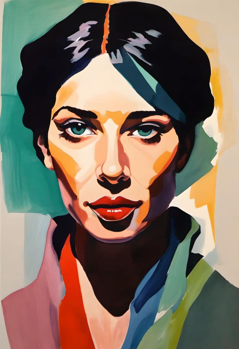 Gouache,Gouache, People, woman, solo, black hair, male focus, 1boy, makeup, lipstick, red lips, portrait