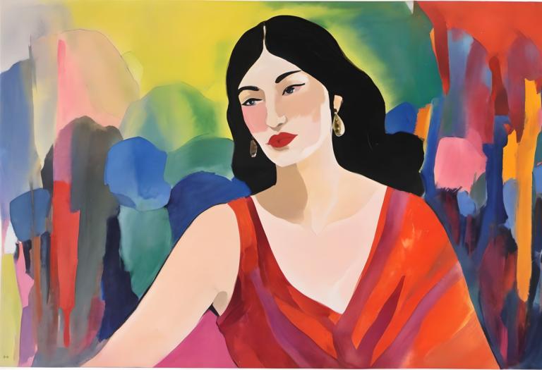 Gouache,Gouache, People, woman, 1girl, solo, black hair, jewelry, earrings, long hair, red dress, dress