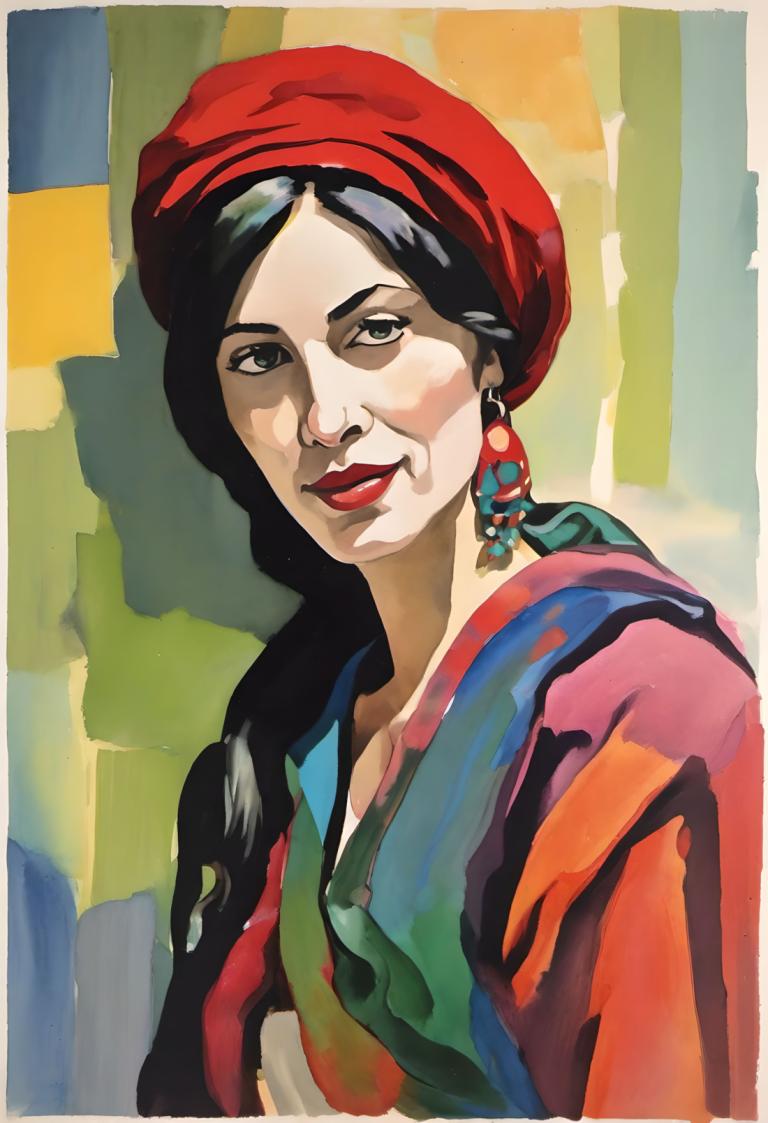 Gouache,Gouache, People, woman, 1girl, black hair, hat, earrings, solo, jewelry, black eyes, smile