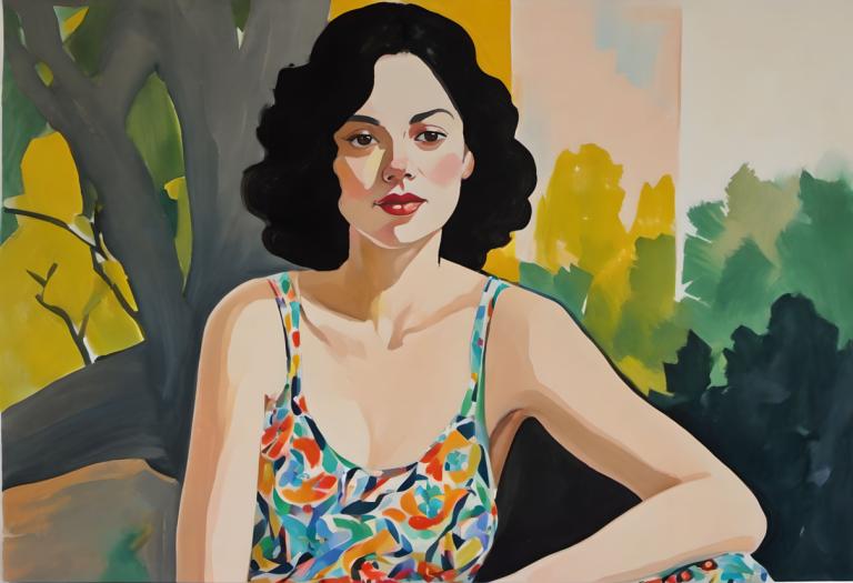 Gouache,Gouache, People, woman, 1girl, solo, black hair, dress, tree, brown eyes, looking at viewer